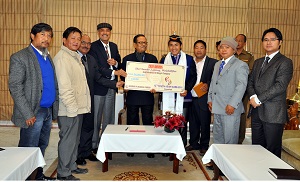 The Governor of Arunachal Pradesh Shri JP Rajkhowa felicitated the South Asian Games 2016 Gold medallist Shri Sambo Lapung and also seen Shri GS Patnaik, Advisor (FPD), Shri BD Sharma, Advisor (H&P), Shri Dani Salu Secretary Sports, Shri Tadar Appa  and  Shri Teli Deniel at Raj Bhavan, Itanagar on 10th February 2016.